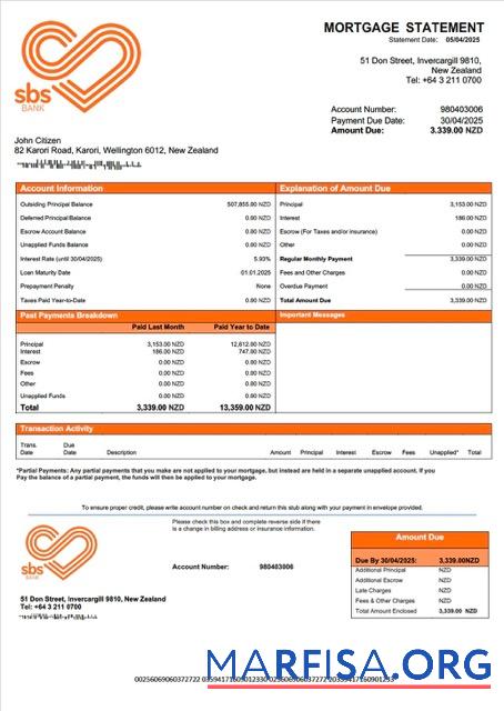Blank New Zealand SBS Bank mortgage statement Word and PDF template